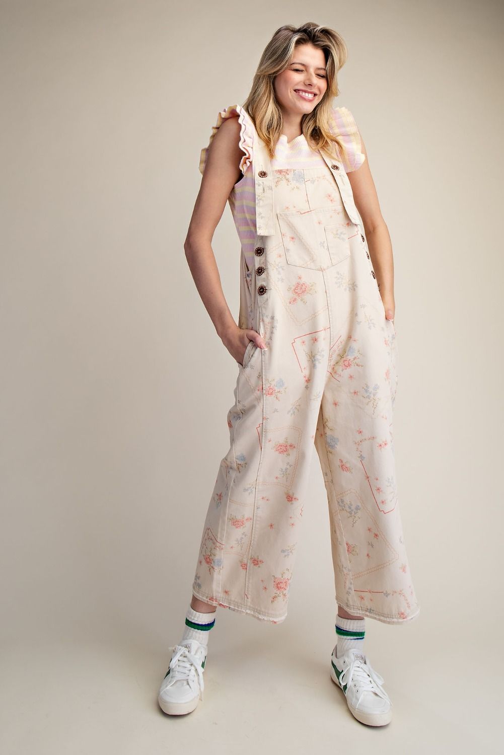 Floral Printed Washed Twill Overalls