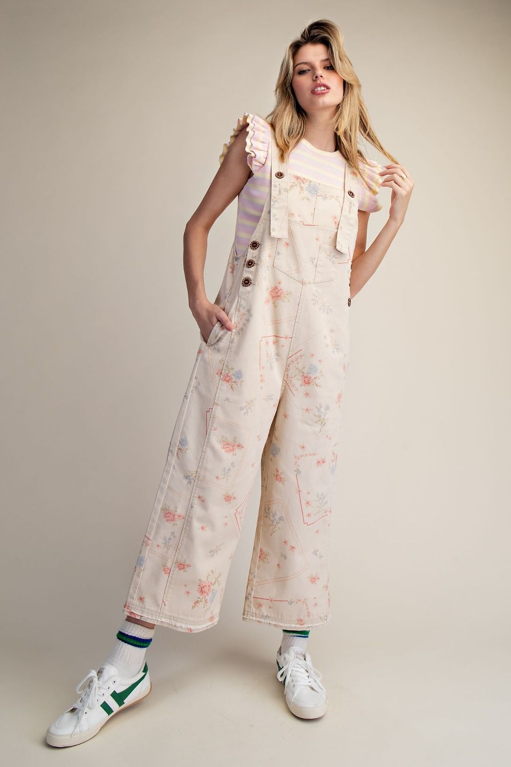 Floral Printed Washed Twill Overalls