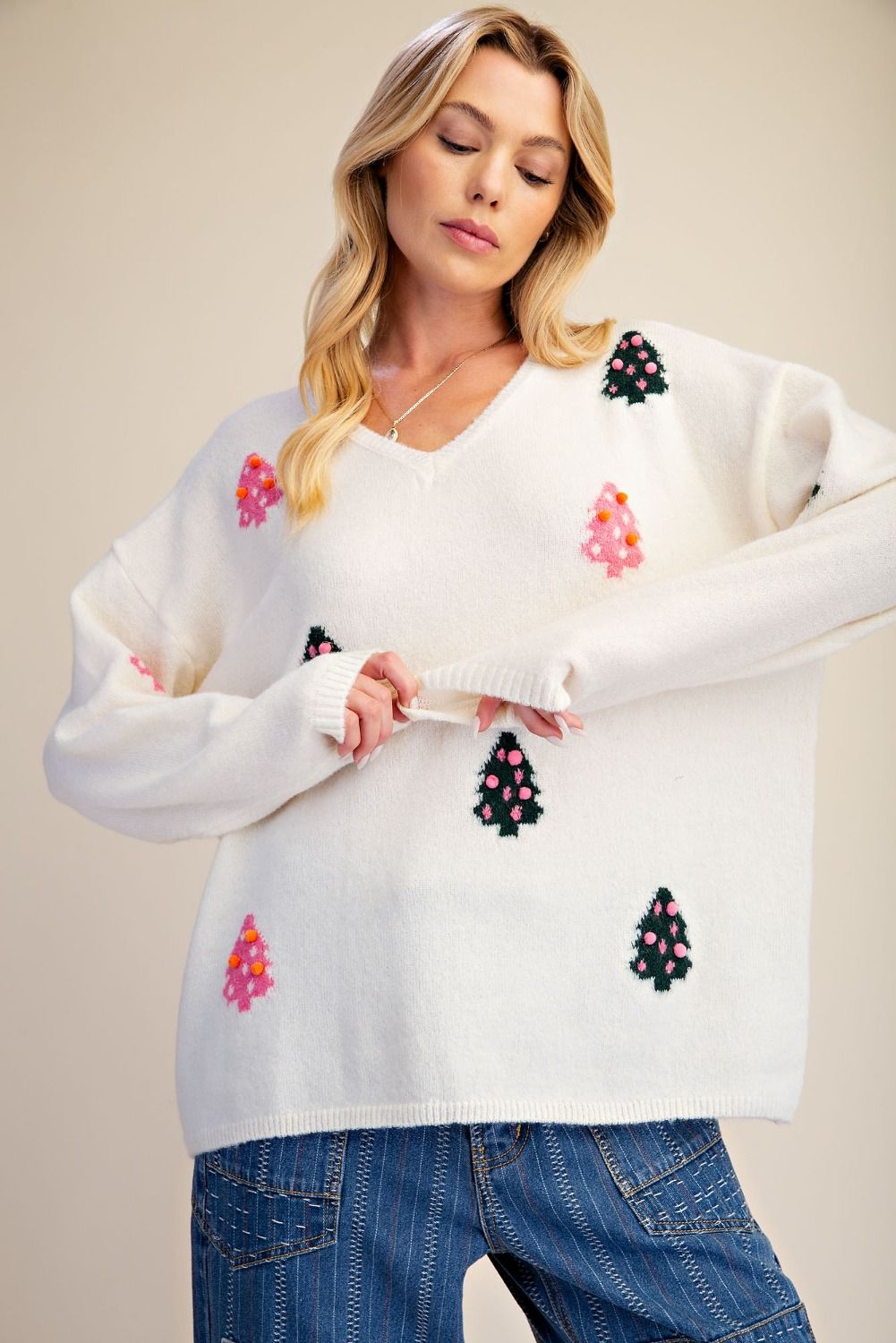 Pom Pom Christmas Tree Knitted Sweater