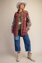 Women's Plus Size Washed Plaid / Flannel Shirt Jacket