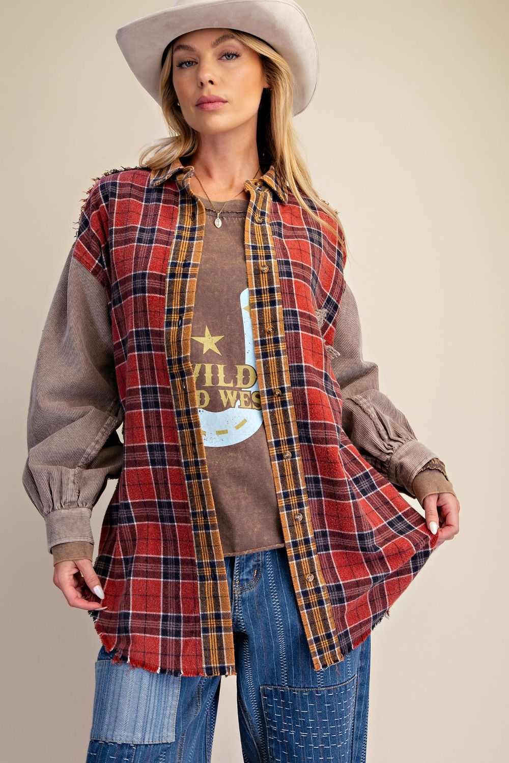 Women's Plus Size Washed Plaid / Flannel Shirt Jacket