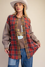 Women's Plus Size Washed Plaid / Flannel Shirt Jacket