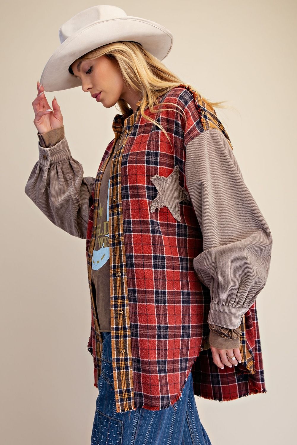 Women's Plus Size Washed Plaid / Flannel Shirt Jacket