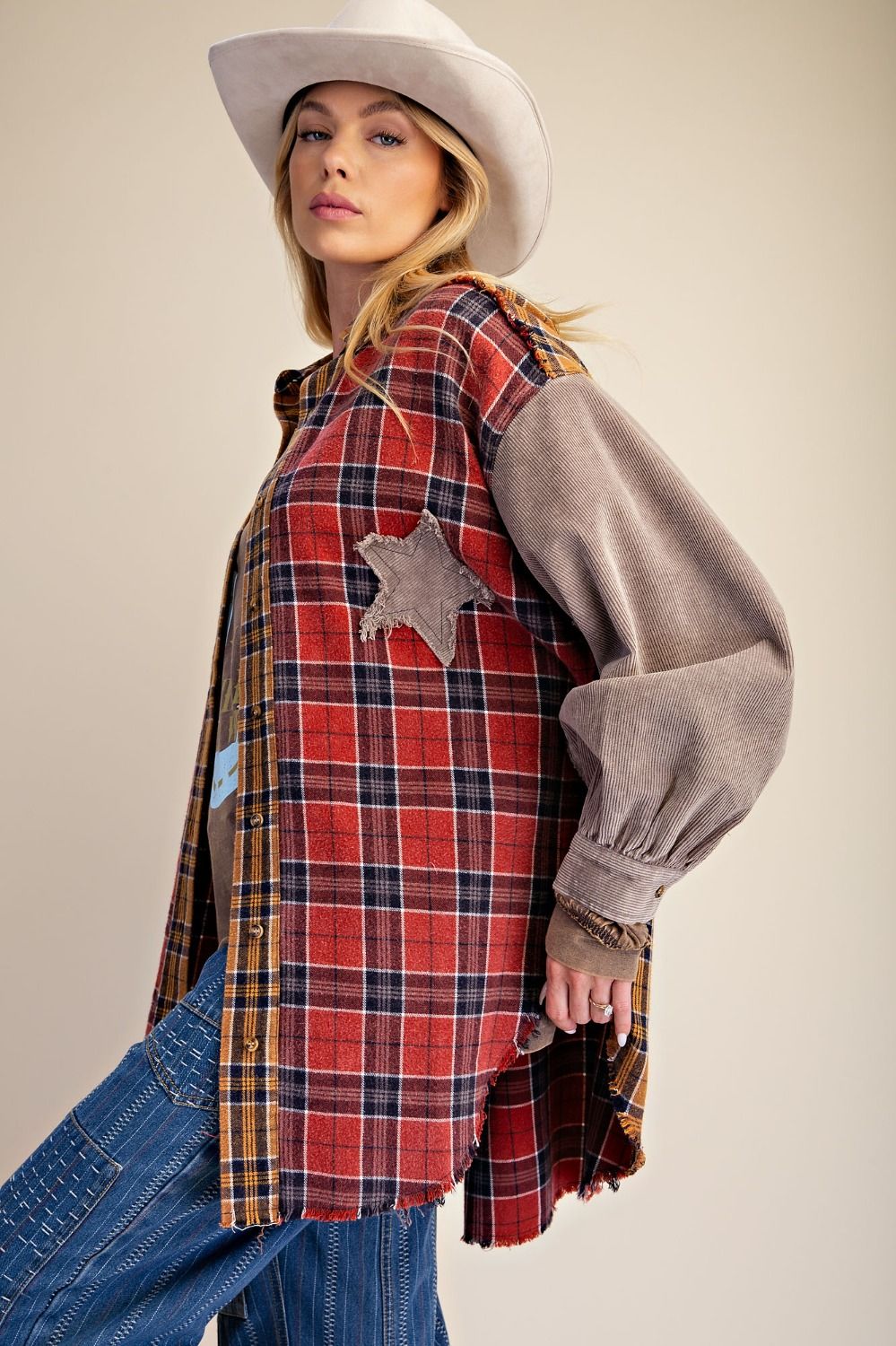 Women's Plus Size Washed Plaid / Flannel Shirt Jacket